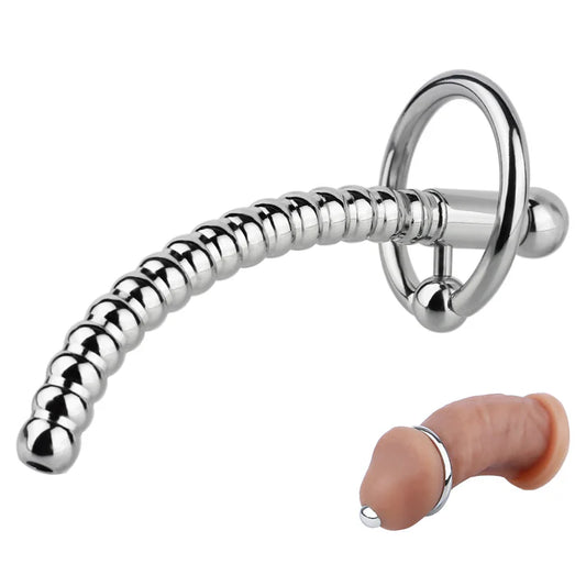 Spiral Textured Prince Albert Wand - 304 Steel Urethral Sound with Ring