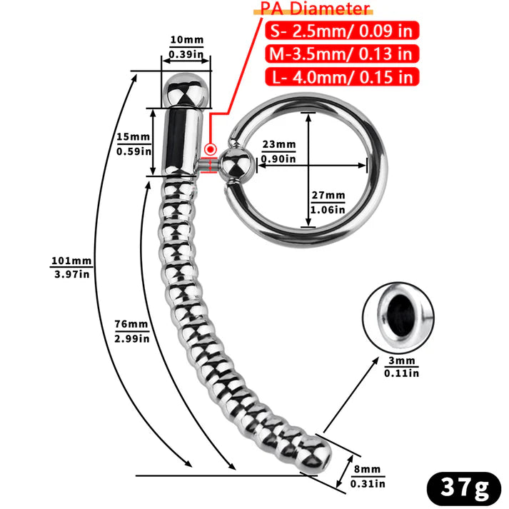 Spiral Textured Prince Albert Wand - 304 Steel Urethral Sound with Ring