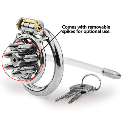 FLAT CHASTITY CAGE SPIKED METAL CATHETER