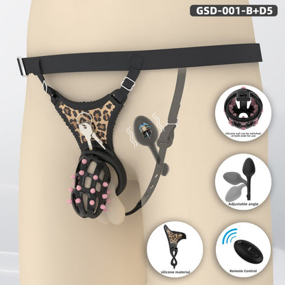 Spiked Chastity Cage Harness Set with Remote Vibrating Anal Plug