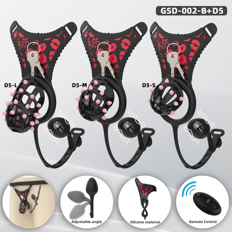 Spiked Chastity Cage Harness Set with Remote Vibrating Anal Plug