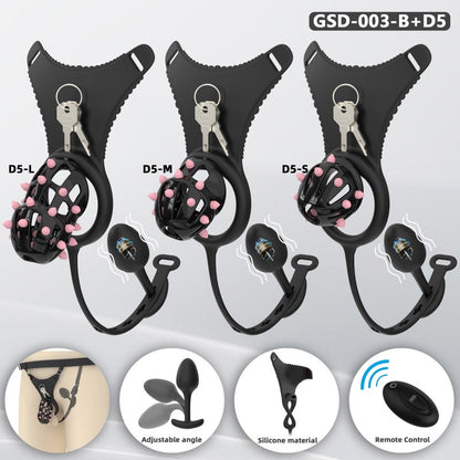 Spiked Chastity Cage Harness Set with Remote Vibrating Anal Plug GSD