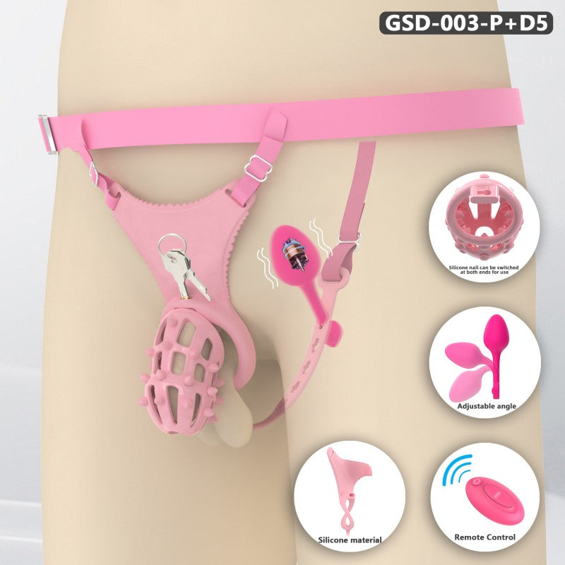 Spiked Chastity Cage Harness Set with Remote Vibrating Anal Plug