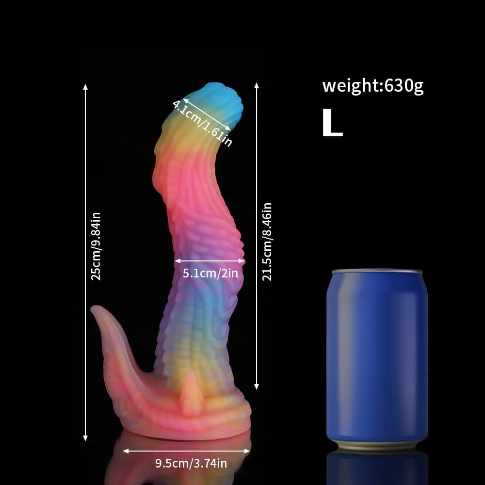 Consolador de fantasía de dinosaurio azul, amarillo y morado