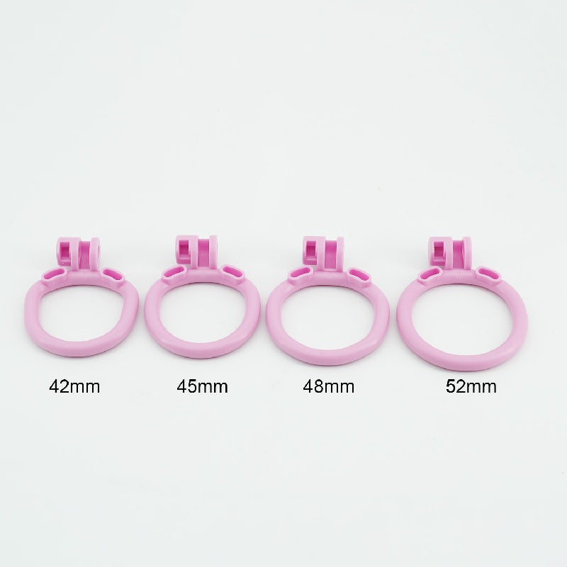 Purple pussy-shaped resin chastity cage with 42mm ring, ergonomic design for comfort