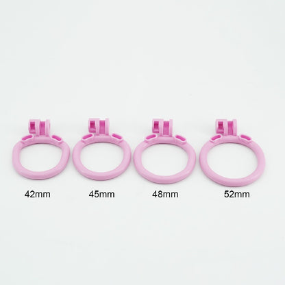 Purple pussy-shaped resin chastity cage with 42mm ring, ergonomic design for comfort