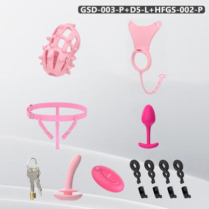 Spiked Chastity Cage Harness Set with Remote Vibrating Anal Plug GSD