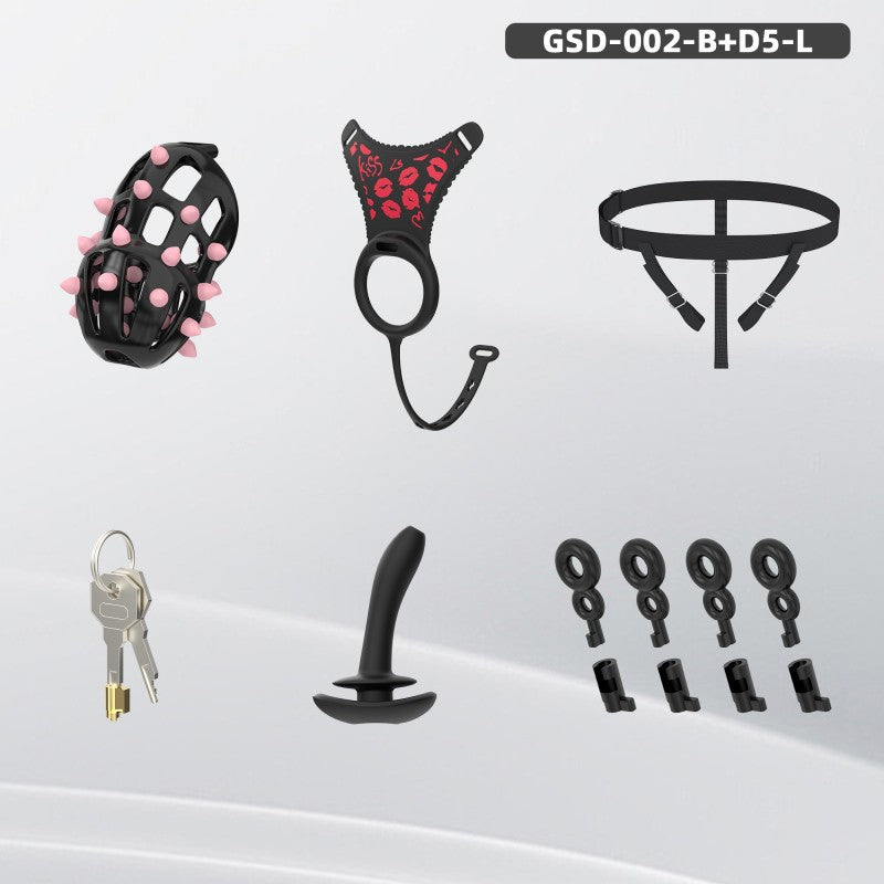 Spiked Chastity Cage Harness Set with Remote Vibrating Anal Plug