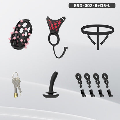 Spiked Chastity Cage Harness Set with Remote Vibrating Anal Plug