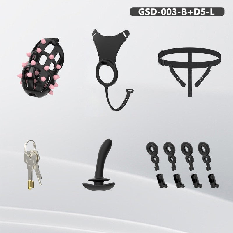 Spiked Chastity Cage Harness Set with Remote Vibrating Anal Plug