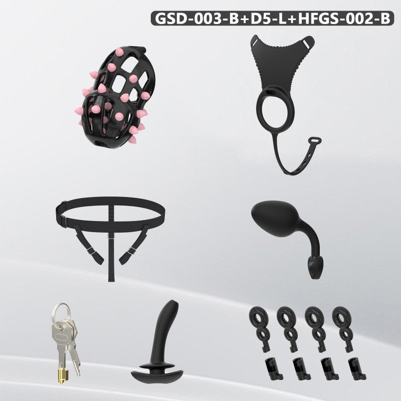 Spiked Chastity Cage Harness Set with Remote Vibrating Anal Plug