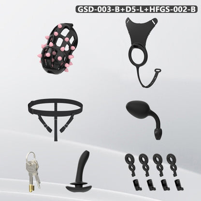 Spiked Chastity Cage Harness Set with Remote Vibrating Anal Plug