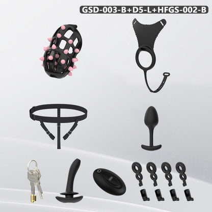 Spiked Chastity Cage Harness Set with Remote Vibrating Anal Plug GSD