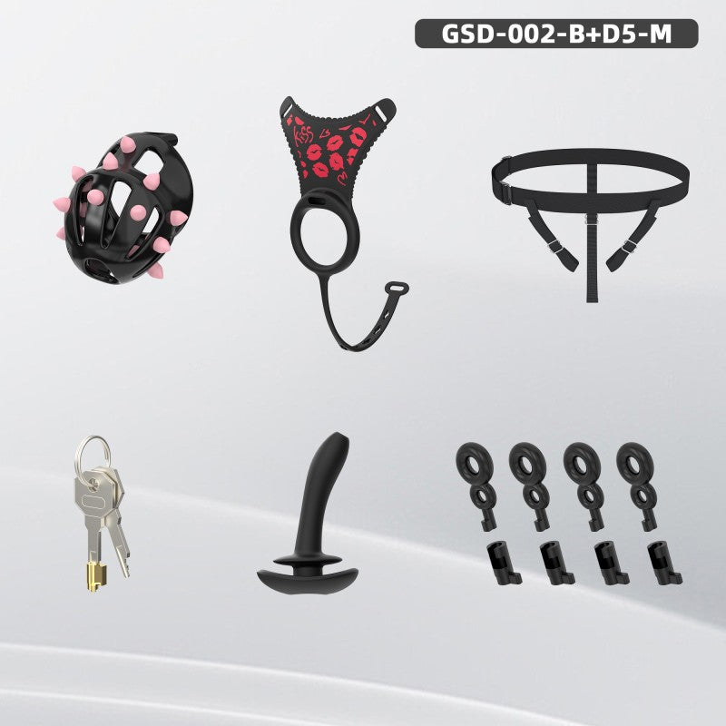 Spiked Chastity Cage Harness Set with Remote Vibrating Anal Plug