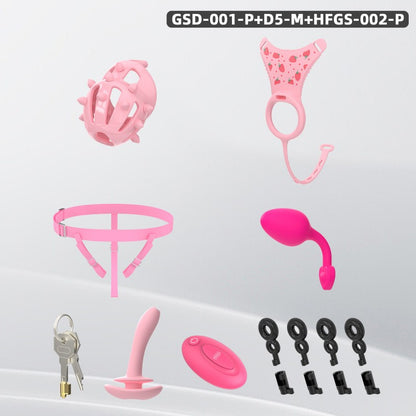 Spiked Chastity Cage Harness Set with Remote Vibrating Anal Plug