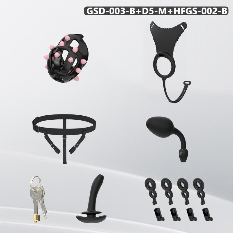 Spiked Chastity Cage Harness Set with Remote Vibrating Anal Plug