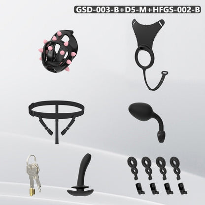 Spiked Chastity Cage Harness Set with Remote Vibrating Anal Plug