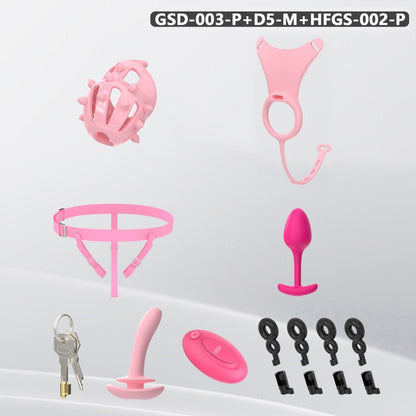 Spiked Chastity Cage Harness Set with Remote Vibrating Anal Plug GSD