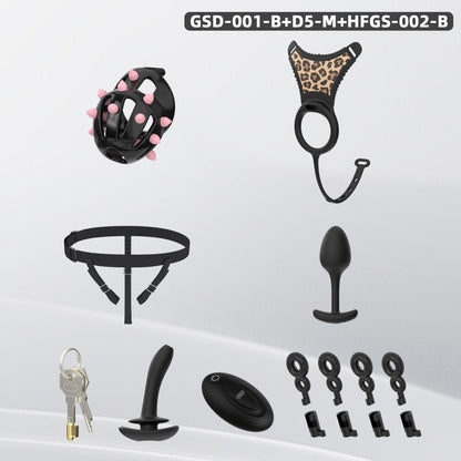 Spiked Chastity Cage Harness Set with Remote Vibrating Anal Plug GSD