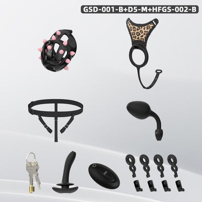 Spiked Chastity Cage Harness Set with Remote Vibrating Anal Plug