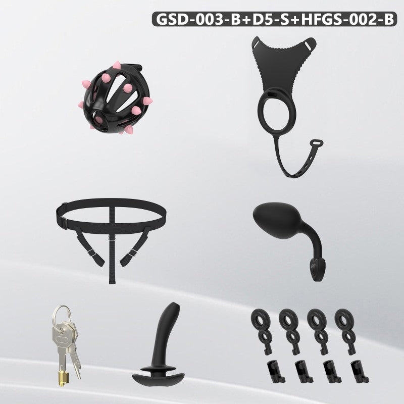 Spiked Chastity Cage Harness Set with Remote Vibrating Anal Plug