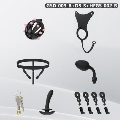 Spiked Chastity Cage Harness Set with Remote Vibrating Anal Plug