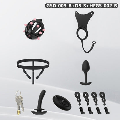 Spiked Chastity Cage Harness Set with Remote Vibrating Anal Plug GSD