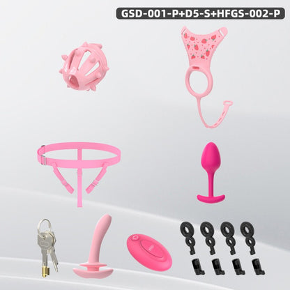 Spiked Chastity Cage Harness Set with Remote Vibrating Anal Plug GSD