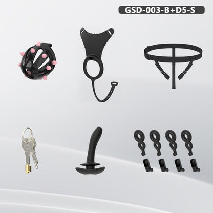 Spiked Chastity Cage Harness Set with Remote Vibrating Anal Plug