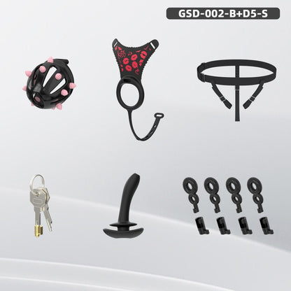 Spiked Chastity Cage Harness Set with Remote Vibrating Anal Plug