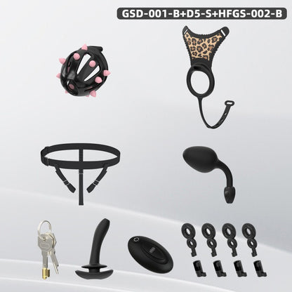 Spiked Chastity Cage Harness Set with Remote Vibrating Anal Plug