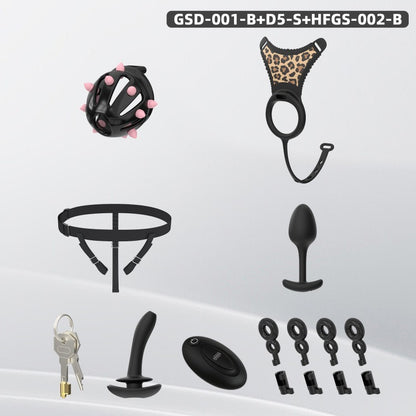 Spiked Chastity Cage Harness Set with Remote Vibrating Anal Plug GSD