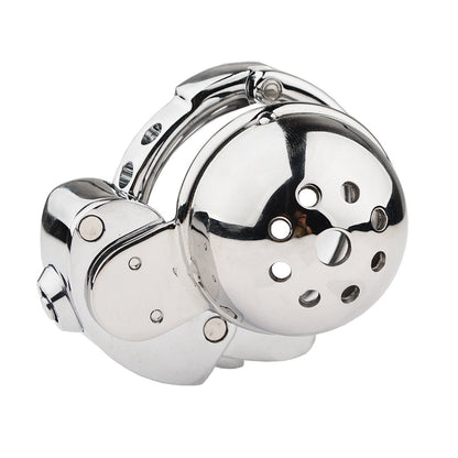 Metal Cock Chastity Cage with Invisible Button Lock – 6-Size Adjustable, Ventilated Flat-Style Chastity Device for Men