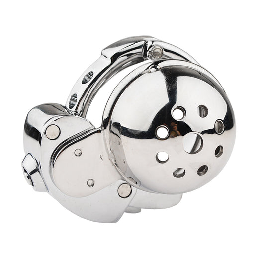 Metal Cock Chastity Cage with Invisible Button Lock – 6-Size Adjustable, Ventilated Flat-Style Chastity Device for Men
