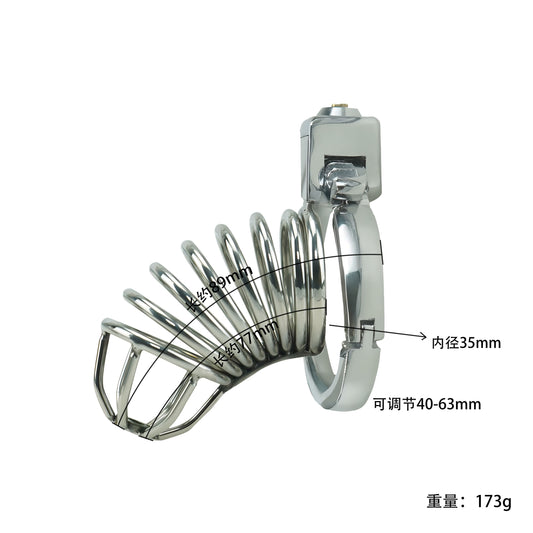 Lightweight Metal Chastity Cage – Steel Ring-Style Front, 40–63mm Adjustable Alloy Ring, Built-in Lock