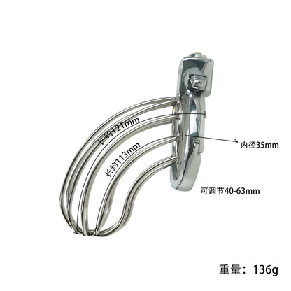 Lightweight Metal Chastity Cage – Steel Cage Front, 40–63mm Adjustable Alloy Ring, Built-in Lock