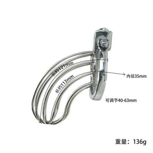 Lightweight Metal Chastity Cage – Steel Cage Front, 40–63mm Adjustable Alloy Ring, Built-in Lock