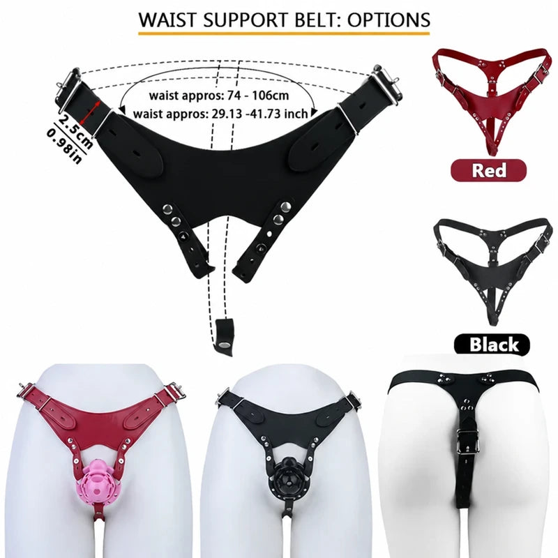 Adjustable red and black three-way belts, waist range 74–106 cm (29.13–41.73 in), with front and rear mannequin views.