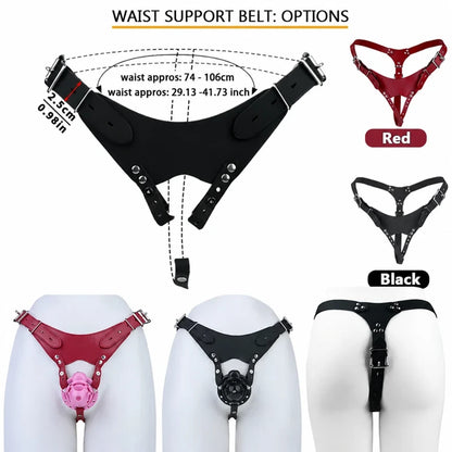 Adjustable red and black three-way belts, waist range 74–106 cm (29.13–41.73 in), with front and rear mannequin views.