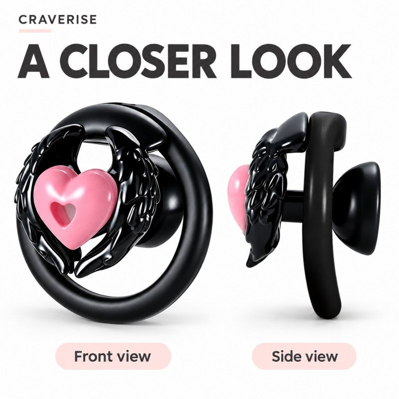 Front and side views of the black-wing, pink-heart inverted chastity cage, showing the recessed inner cup and base ring.