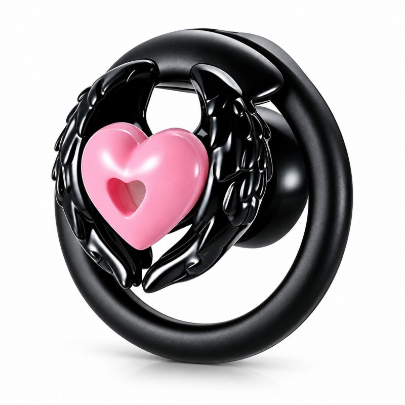 Angel wing inverted chastity cage with black feathered wings, a pink heart centerpiece and a black base ring.
