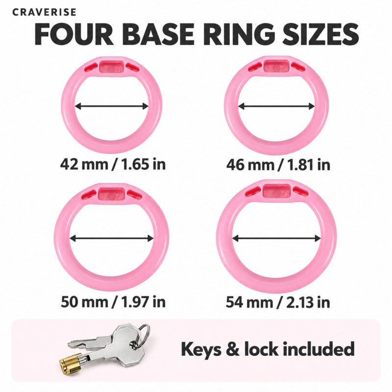 Four base rings with 42, 46, 50 and 54 mm inner diameters, plus the included lock and two keys.