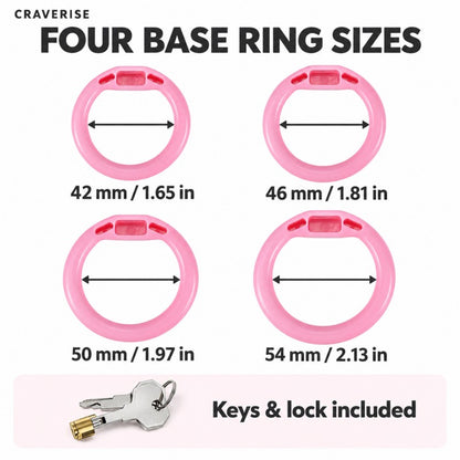 Four base rings with 42, 46, 50 and 54 mm inner diameters, plus the included lock and two keys.