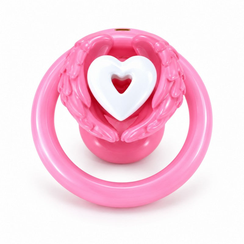 Angel wing inverted chastity cage with pink feathered wings, a white heart centerpiece and a pink base ring.