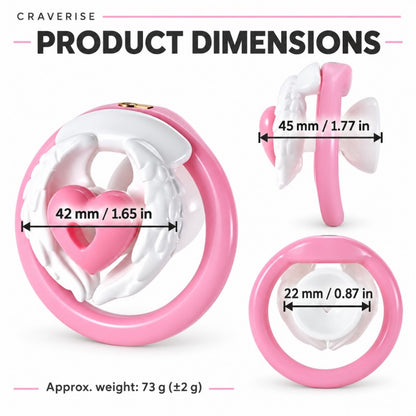 Dimension chart for the angel wing inverted chastity cage showing 42 mm front width, 45 mm depth and 22 mm rear opening width.