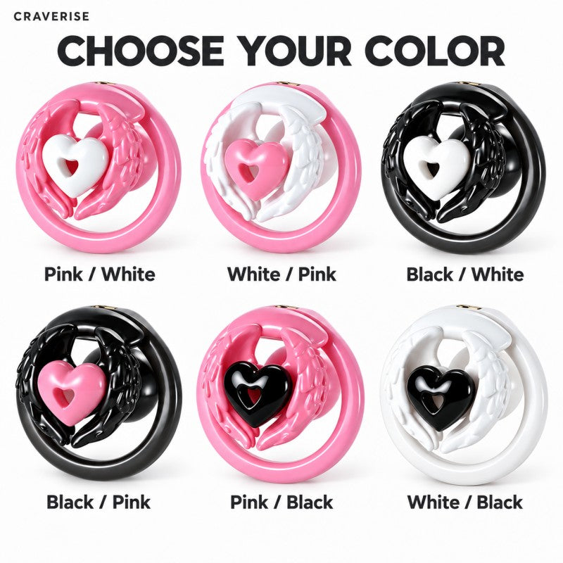 All six angel wing inverted chastity cage color combinations, comparing pink, white and black wings with contrasting hearts.