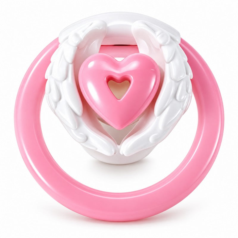 Angel wing inverted chastity cage with white feathered wings, a pink heart centerpiece and a pink base ring.
