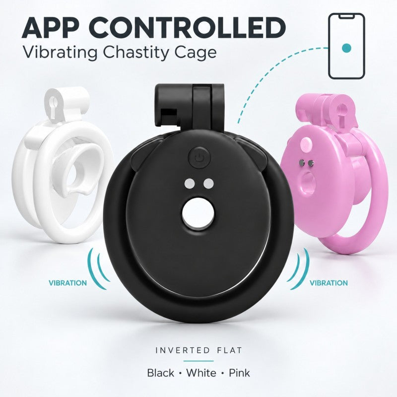 App-controlled inverted vibrating chastity cage in black, white and pink, with a flat front design.