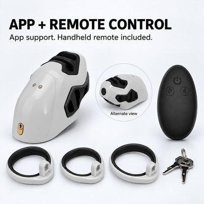 Gray-white app-controlled vibrating and e-stim chastity cage with black details, a handheld remote, three base rings and two keys; inset shows an alternate view of the same cage.
