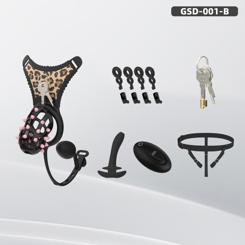 Spiked Chastity Cage Harness Set with Remote Vibrating Anal Plug